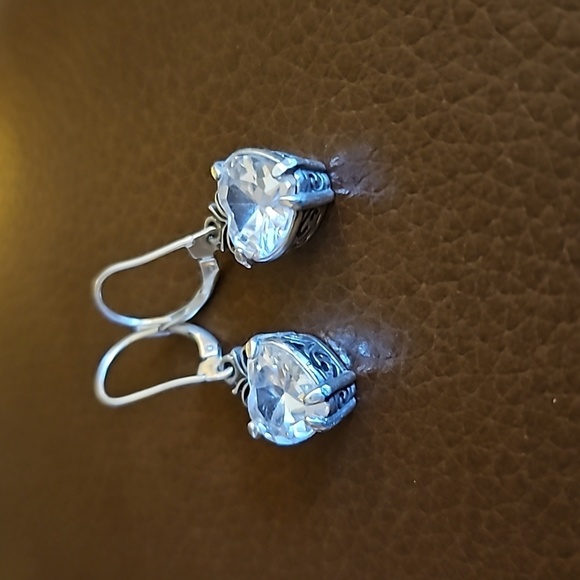 Sterling Silver Swarovski Crystal Heart Leverback Dangle Earrings - Picture 5 of 7